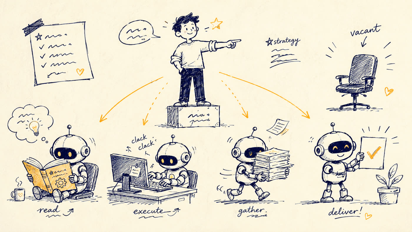 A person on a pedestal directs four robots that read, execute, gather, and deliver, while an office chair sits vacant