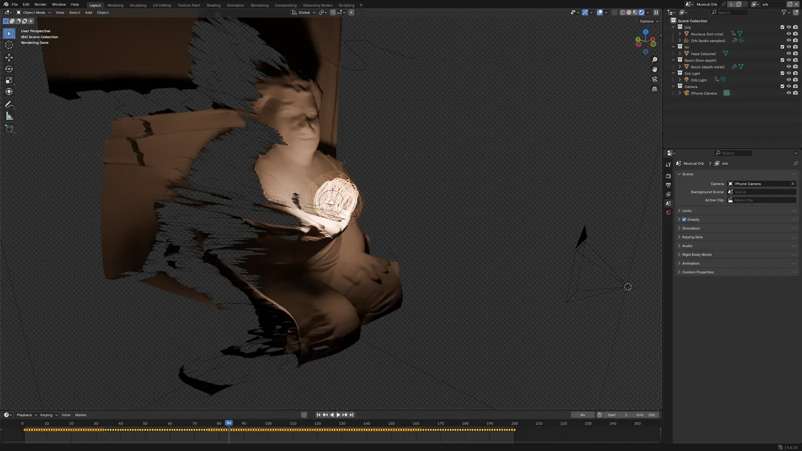 Screenshot from Blender: the room built from the depth map, lit by the orb, in the Cycles viewport
