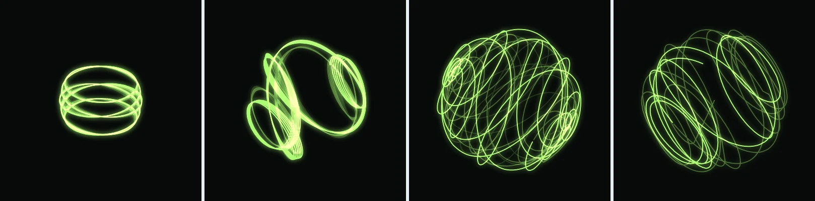 Four shapes of the orb as its stem draws them on an oscilloscope: a flat ring, a looped knot, a dense sphere, and the orb at the drop