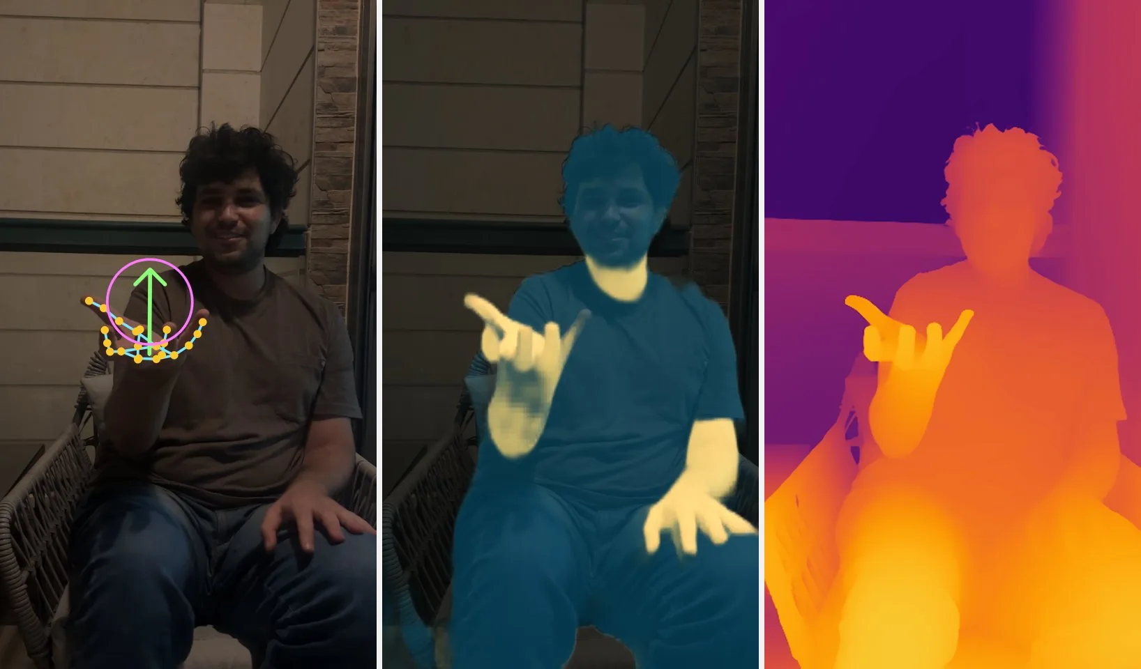 Three panels of the same frame: tracking points on the palm with an arrow for the way it faces and the orb's position, the skin matte, and the depth map